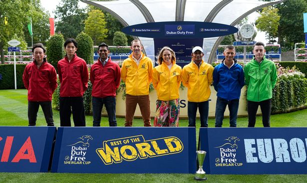 Seven of the international jockeys competing in the Shergar Cup