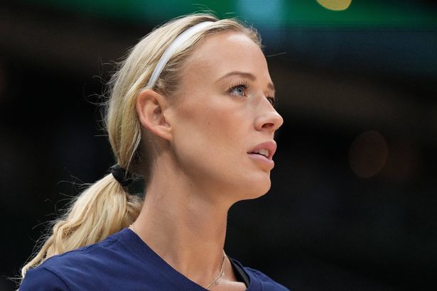 Sophie Cunningham #8 of the Indiana Fever looks on during warm ups before the game against the Seattle Storm at Climate Pledge Arena on August 03, 2025 in Seattle, Washington