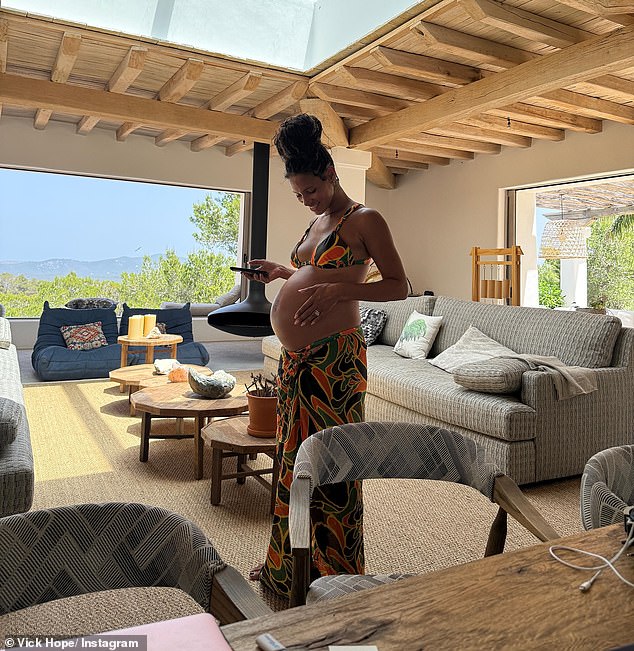 Vick showed off her blossoming baby bump at their home in the Balearic Islands in a slew of photos captioned 'june bloom'
