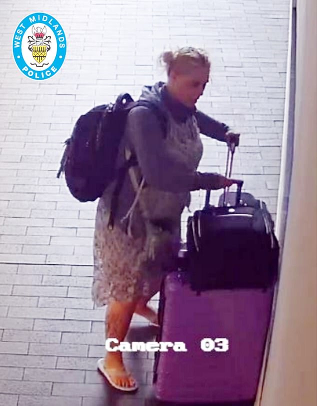 CCTV showing Betro arriving at the Rotunda hotel in Birmingham wearing a summer dress, hoodie, rucksack and flip flops