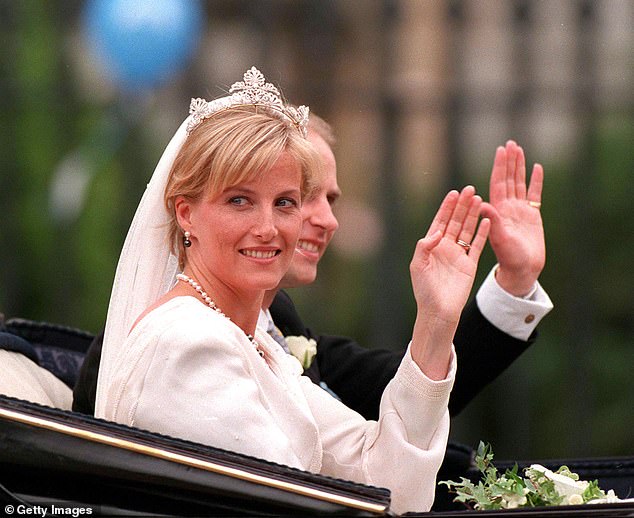Sophie and Edward after their wedding day. She exuded elegance in a custom-made ensemble, comprising a coatdress and an evening dress designed by Samantha Keswick (née Shaw)