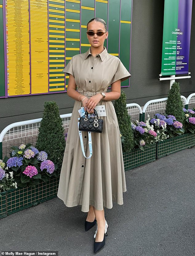 At Wimbledon she shirked the tennis tournament's traditional whites, wearing instead a £3,000 beige Dior dress (pictured)