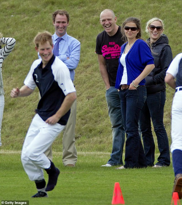 Harry is pictured in 2011 warming up for a charity polo match while Zara and Mike watch on and smile
