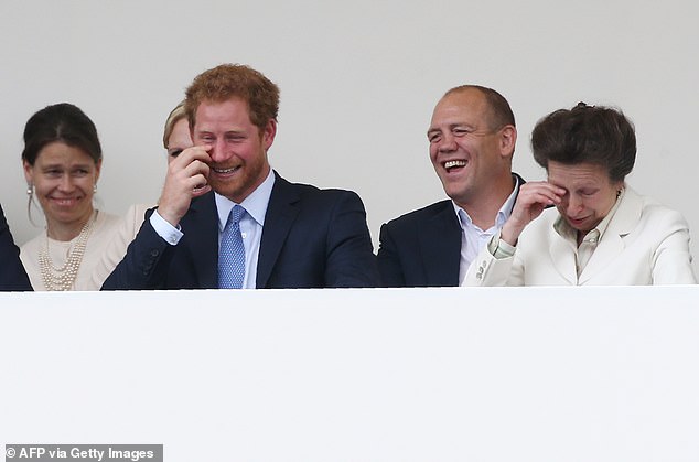 Happier times: Harry and Mike are pictured laughing together with Princess Anne in 2016 as part of celebrations to mark the Queen's 90th birthday