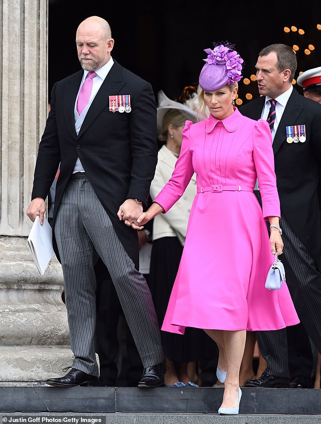 Mike and Zara are pictured on the steps outside St Paul's Cathedral on the day of the Thanksgiving Service
