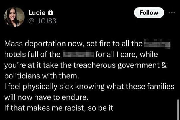 Connolly, the wife of a Conservative councillor, was given a 31-month sentence in October after pleading guilty to a charge of inciting racial hatred in a social media post (pictured) following last year's Southport riots