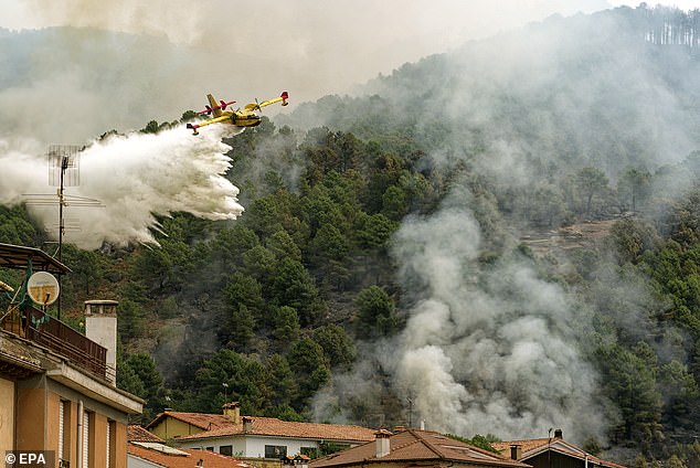 A firefighting aircraft tackles a wildfire in the municipality of El Arenal, central Spain, 30 July 2025