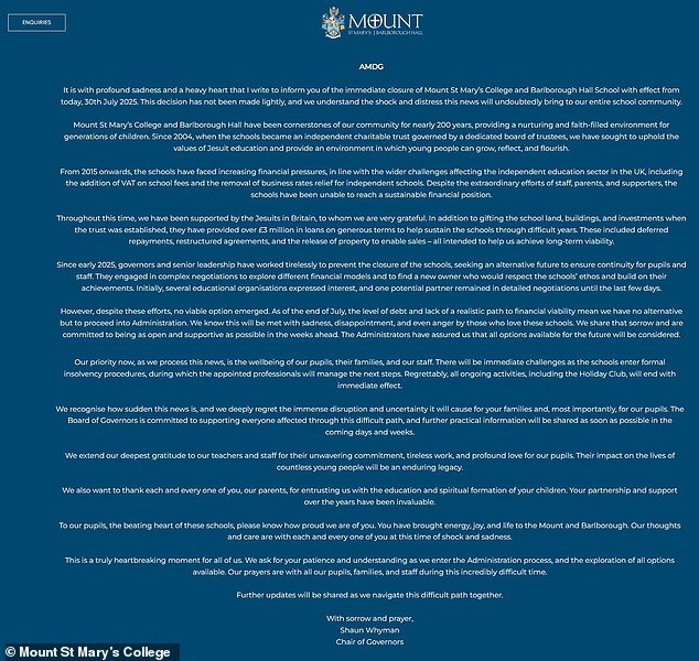 The chair of governors, Shaun Whyman, said they had taken the decision with 'profound sadness and a heavy heart' after exhausting all possible alternatives to save the school in a statement on the school's website