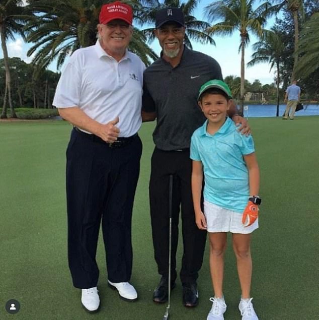 Kai Trump¿s first-ever Instagram post - a 2021 photo with her grandfather Donald Trump and Tiger Woods