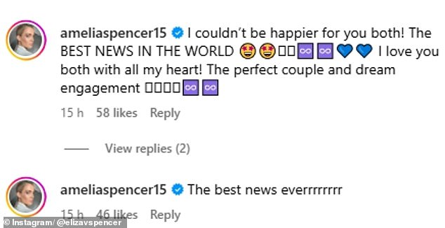 Eliza's twin sister Amelia took to the comment section to congratulate the couple, writing, 'The best news ever'