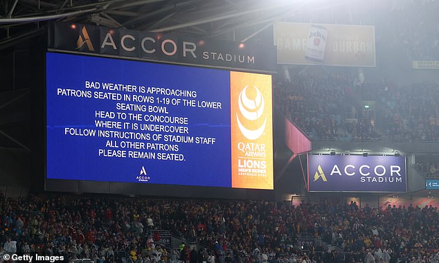 Two minutes into the second half, fans were told to take shelter and players went back to their locker rooms