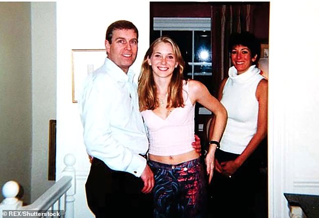 Prince Andrew with his arm around Virginia Giuffre, then 17, and Ghislaine Maxwell in 2001