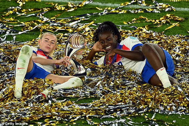 Chloe Kelly and Michelle Agyemang celebrate England's win in the Women's Euro 2025 final