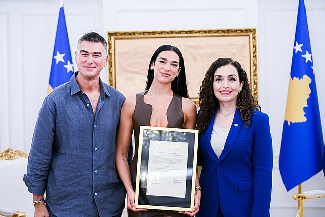 Pictured: Dua Lipa with father Dukagjin Lipa and President of Kosovo Vjona Osmani