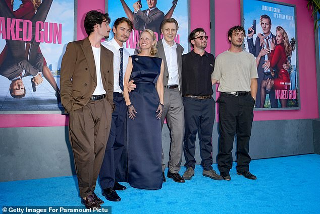 The pair appear to have the approval of their sons, who joined them on the red carpet of the US premiere in New York City on Monday; Pictured with Dylan Lee, 27, Brandon Lee, 29, Daniel Neeson, 28 and Micheál Richardson, 30