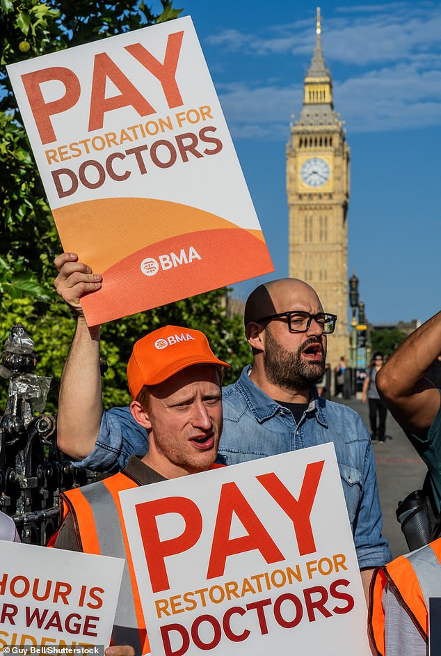 Two thirds of resident doctors – previously known as junior doctors – defied calls to join a strike in pursuit of a 29 per cent pay rise. Pictured: Resident doctors striking at St Thomas' Hospital