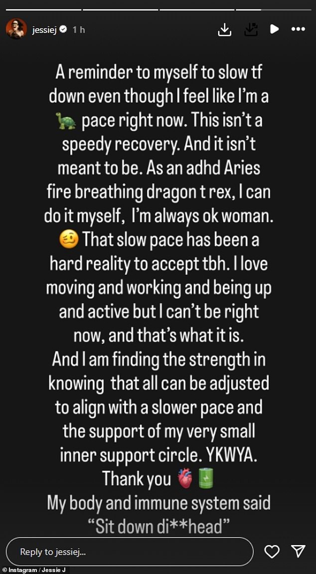 In her final post, Jessie told her followers that the health scare has been a stark reminder that she still needs to 'slow down' while she continues her recovery from surgery