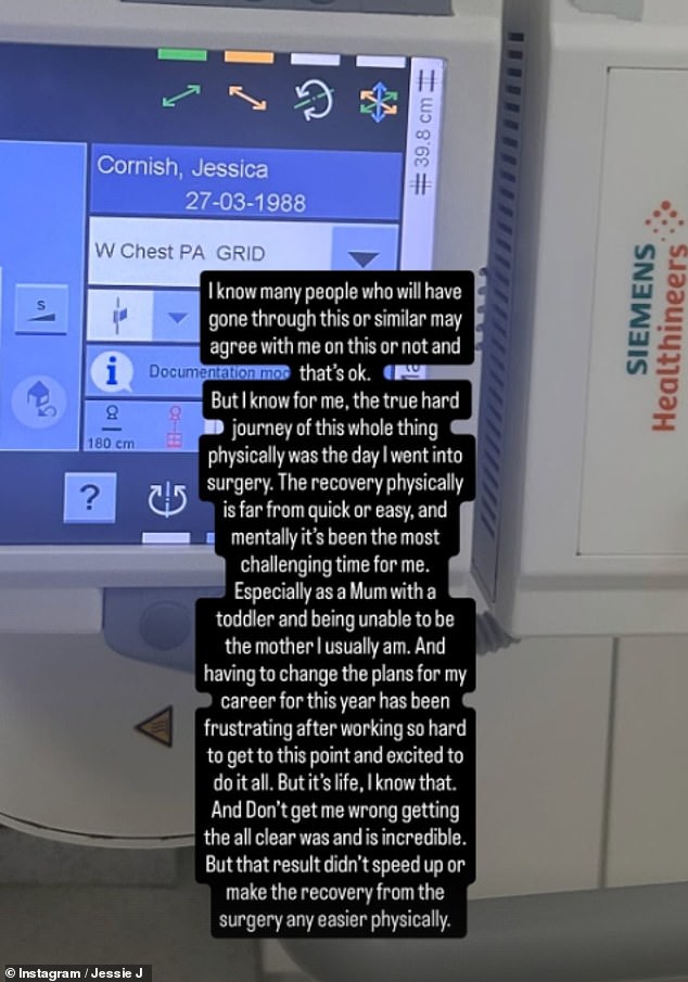 Sharing a photo from her hospital bed, Jessie shared a snap of an IV canula in her hand, and admitted she's found the recovery from her surgery the 'most mentally challenging time'