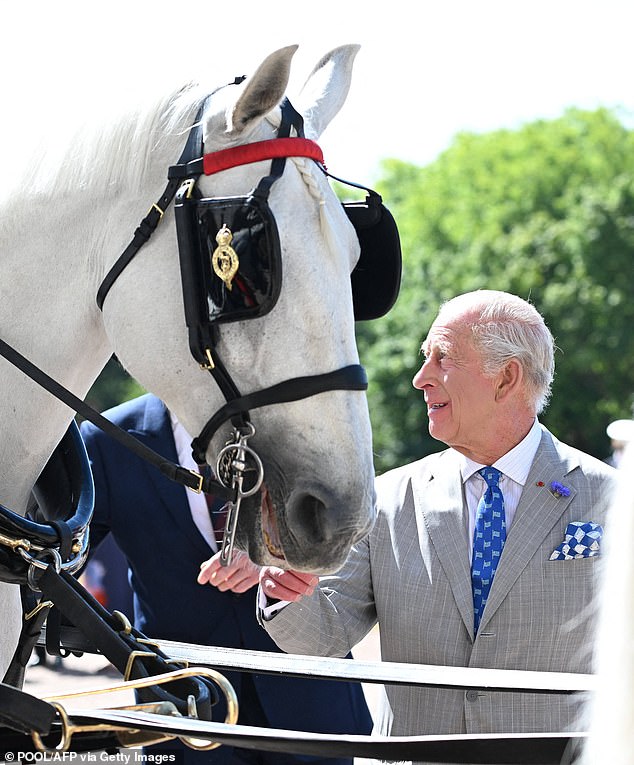 King Charles is pictured greeting Tyrone while visiting the gardens of Windsor Castle in July this year