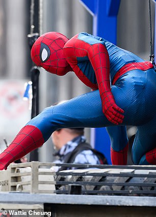 The dramatic scene saw Tom put through his paces once again as Spider-Man