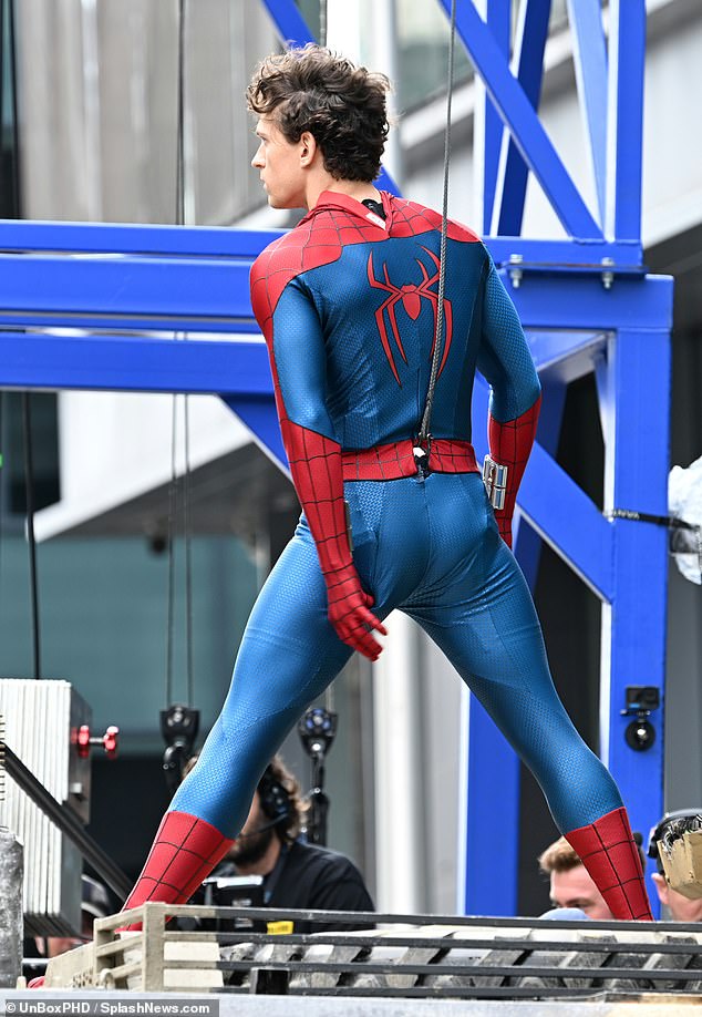 The actor was spotted on Sunday with stunt wires attached to his Spider-Man suit