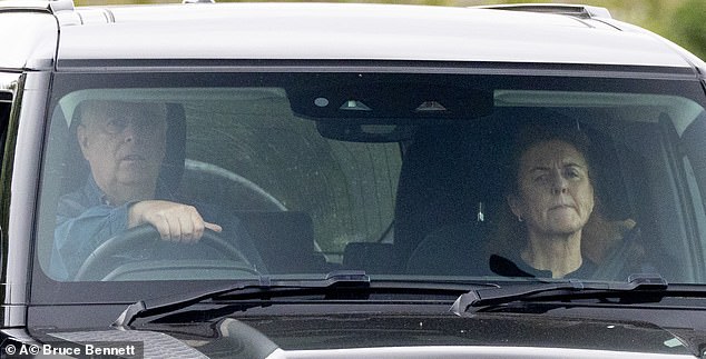 Andrew, 65, looked pensive and moody as he drove a black Land Rover Defender alongside his ex-wife of 10 years, Fergie, who also appeared sombre