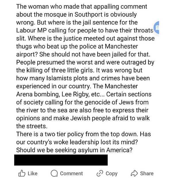 Pictured: Mr Pearson's Facebook post that eventually resulted in his dismissal. Preston College's investigation deemed the post a violation of its policies, damaging of professional relationships and likely to bring the college's reputation into disrepute