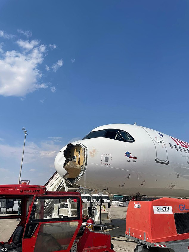 The material at the front had fallen away from the plane, an Airbus A321-253NY that was meant to fly to Paris