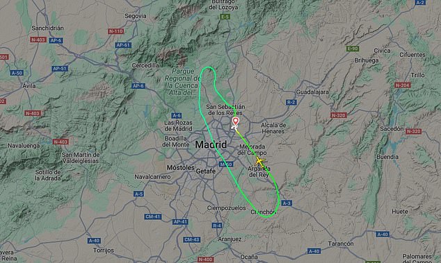 Data from FlightRadar24 showed the plane made a short loop above the area surrounding Madrid before landing back at the airport.