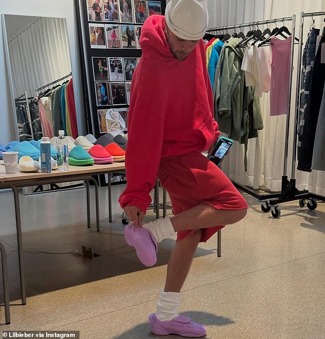 In a separate post, Justin gave his fans a glimpse at items from his SKYLRK brand while donning red shorts and hoodie