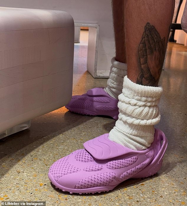 His followers were given a closer look at the lavender-colored, slip-on shoes which he has been teasing on his Instagram page