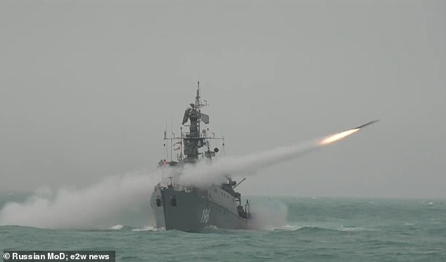 Pictured: A previous drill earlier this month which saw Russia stage its largest naval war games this year in the Barents Sea