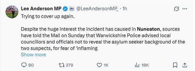 Mr Anderson said on X there was an attempt to 'cover up again' for fear of 'inflaming' community tensions