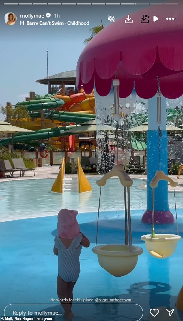 Despite this, Molly filmed her bundle of joy enjoying the hotel's Aqualantis, the newly unveiled water park, she wrote: 'No words for this place. @regnumthecrown'