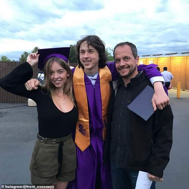 Sydney grew up in a Catholic, Trump-supporting town in Washington with her father, Steven (right), mother, Lisa, and brother, Trent (centre) and said she had a 'religious' upbringing