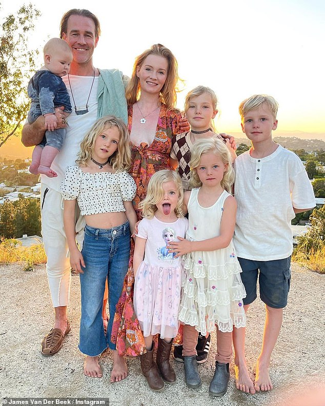 Earlier this year James opened up again about his cancer journey as he marked his 48th birthday. Pictured, James with wife Kimberley and their six children