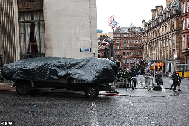 Props for the Marvel movie were kept undercover to protect them from the wind and rain today
