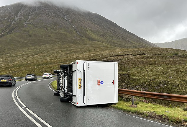 A campervan hurled onto its side by high winds on the A87 between Broadford and Portree, Scotland