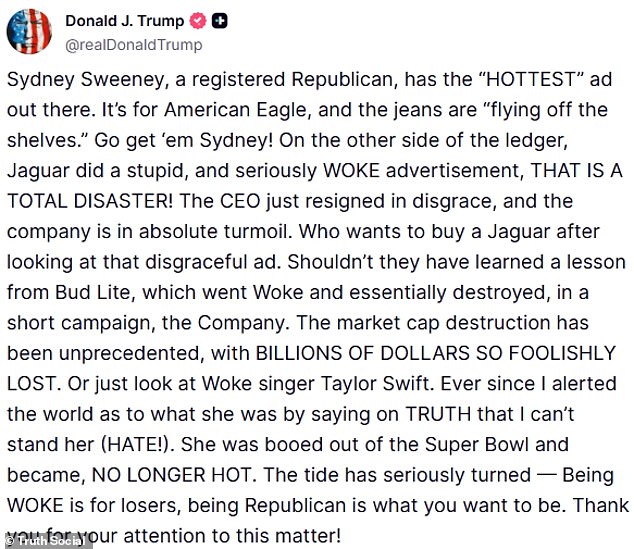 President Donald Trump took to Truth Social Monday morning to share his newfound appreciation for actress Sydney Sweeney, who he complimented after finding out she registered as a Republican in 2024