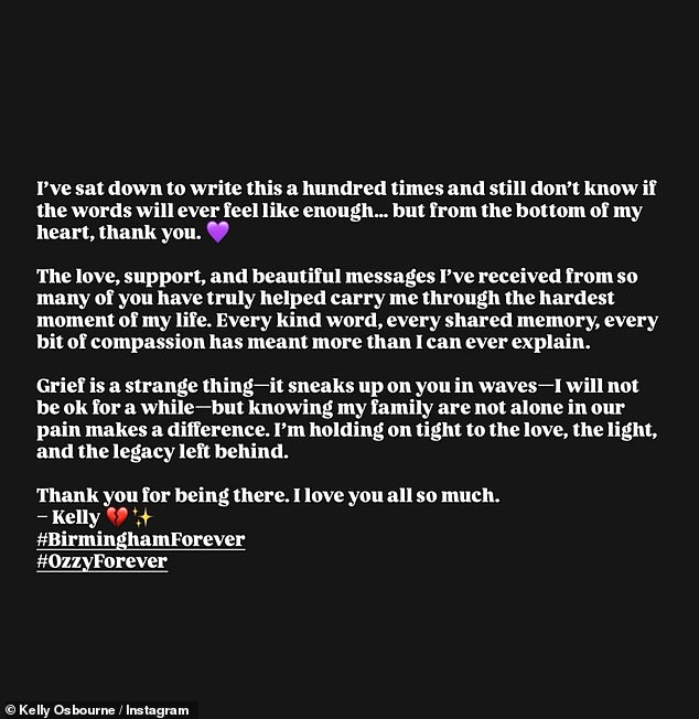 She said she was going through the 'hardest moment of her life' and admitted she will 'not be OK for a while' in her emotive message