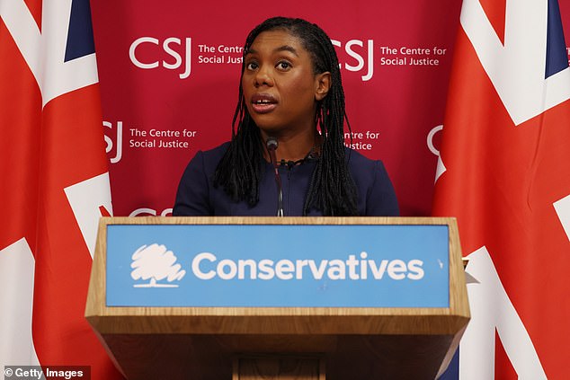 Tory leader Kemi Badenoch (pictured) said Reform’s ‘law and order’ plan was ‘hiding a complete betrayal of women’s safety’. She said: ‘Nigel Farage promised a major crime announcement but instead delivered an adviser who thinks men belong in women’s prisons'