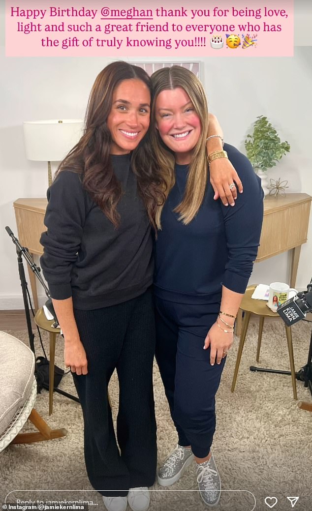 Meghan Markle's closest friends have marked her 44th birthday with a series of gushing tributes shared to social media. Pictured: Meghan and Jamie Kern Lima