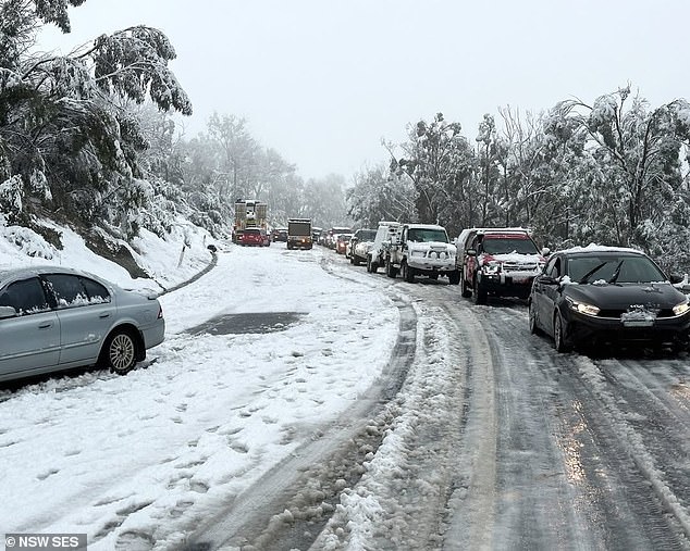Images emerging from New South Wales across the weekend showed buildings and streets covered in deep snow, with vehicles struggling to push through the sludge which had piled up on the roads