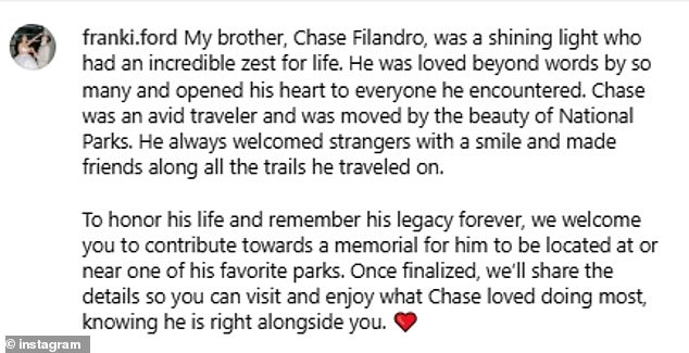 His sister, Frani Ford, shared a heartfelt tribute to her late brother on Instagram, calling him a 'shining light' with 'an incredible zest for life'