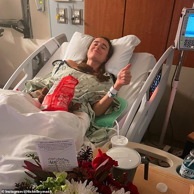 The actress shared a photo of herself in a hospital bed and recounted how her shooting back and leg pain forced her to 'sleep in a recliner for a month because laying down was too painful'