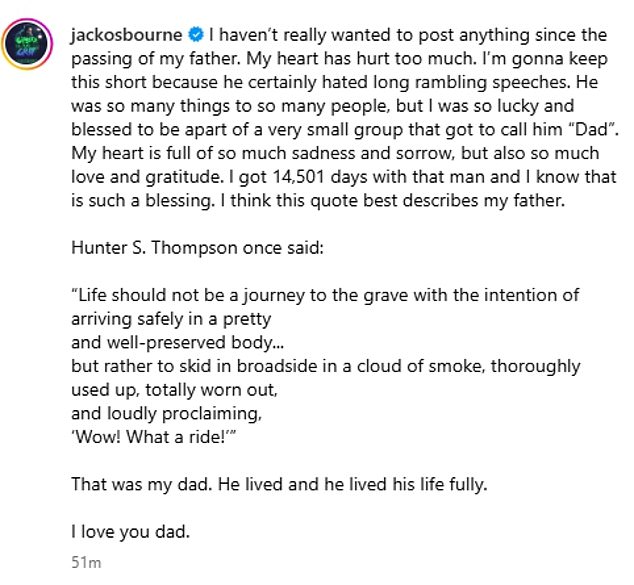 Speaking on his death for the first time on social media, Jack said his 'heart has hurt too much' alongside some touching words to remember his father