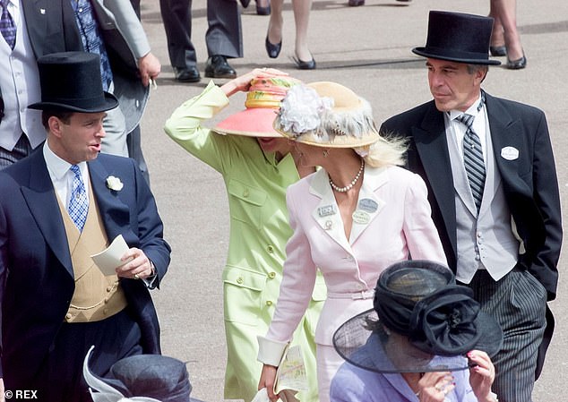 Prince Andrew (left) with Ghislaine Maxwell (green dress), and Jeffrey Epstein (right) at Royal Ascot for Ladies' Day on June 22, 2000