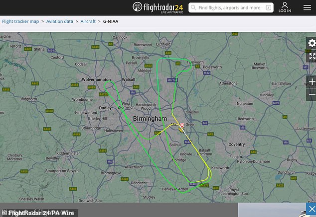 Screengrab taken from the FlightRadar 24 website today of the flight path of Flight CWYO2G with all flights at Birmingham Airport on hold with the runway temporarily closed
