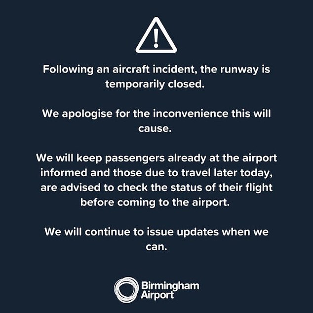 In a statement on X, Birmingham Airport said the runway had been 'temporarily closed'