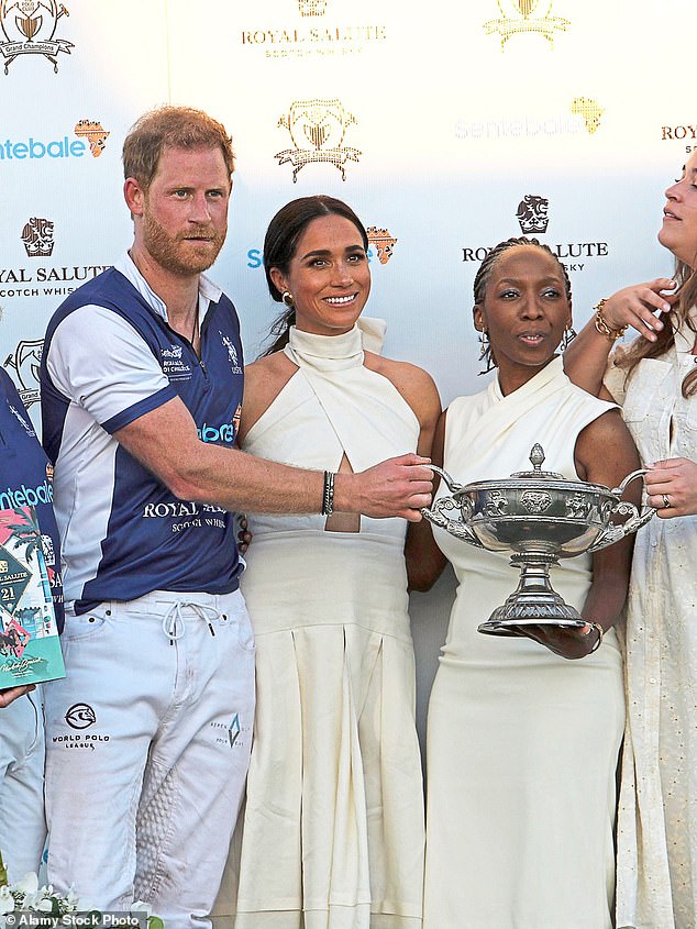 Prince Harry, Meghan and Sophie Chandauka pictured at a polo match benefitting Sentebale in April 2024